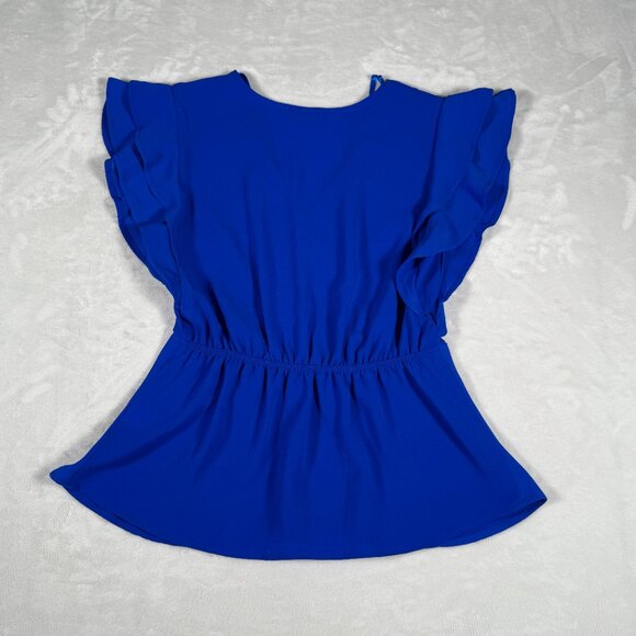 Monteau Los Angeles Shirt Top Women Size S Blue Short Sleeve V-Neck EUC - Picture 11 of 12